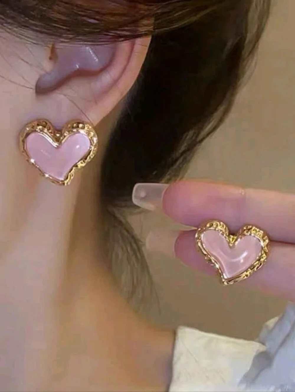 NEW! 14k Gold Plated Chic Pink Puffy Heart Gold-Trim Stud Earrings-Women Jewelry